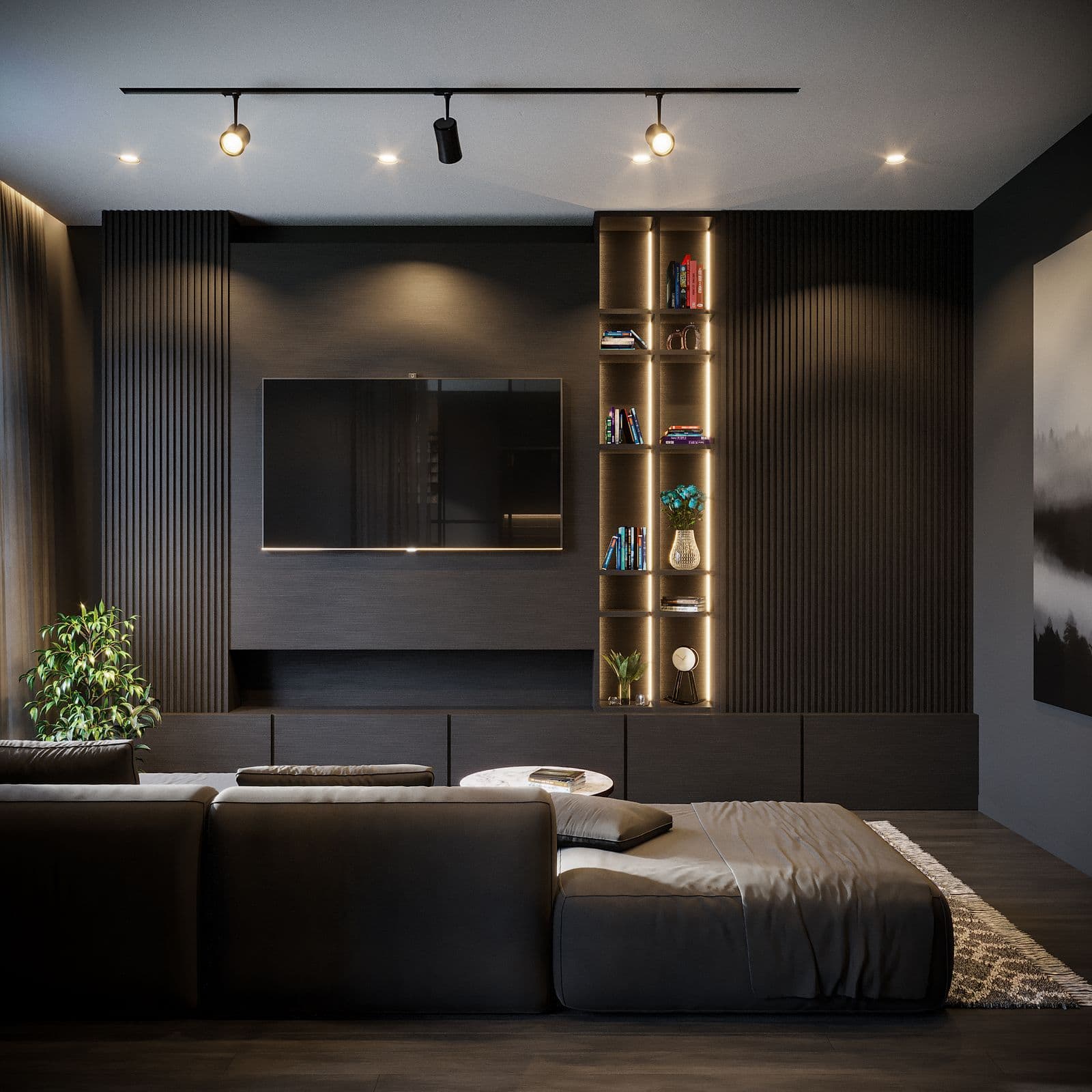 A living room with a mounted television, the kind of install we do in Southside Place